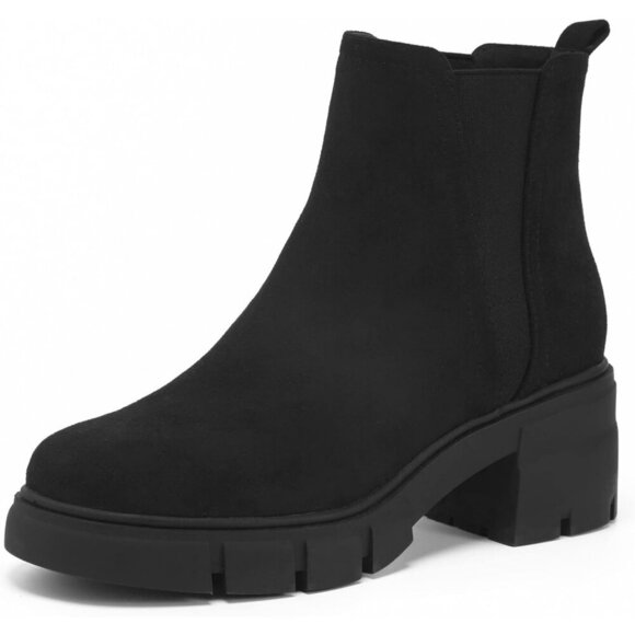 Women\'s Black Suede Chelsea Boot Elastic Chunky Heel Platform Lug Sole Ankle
